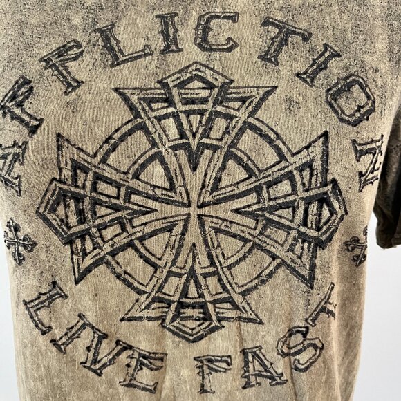 Affliction Battlefront Live Fast Sz S Iron Cross Military Green Wash Tee Shirt - Picture 5 of 8